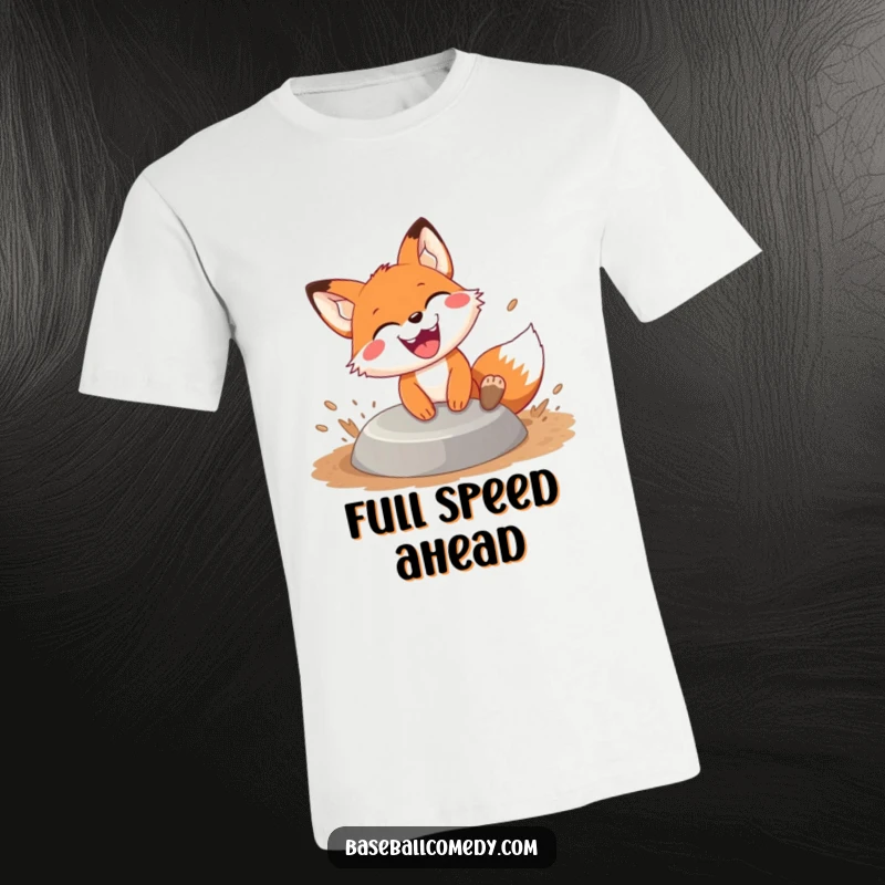 Funny fox sliding t-shirt, a joyful fox slides into base with dirt flying and a huge grin, showcasing athletic fun and speed.