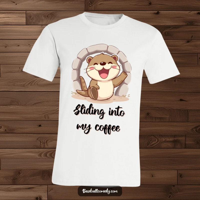 Funny otter t-shirt, excitedly sliding into home base with a wide grin, showcasing baseball excitement.