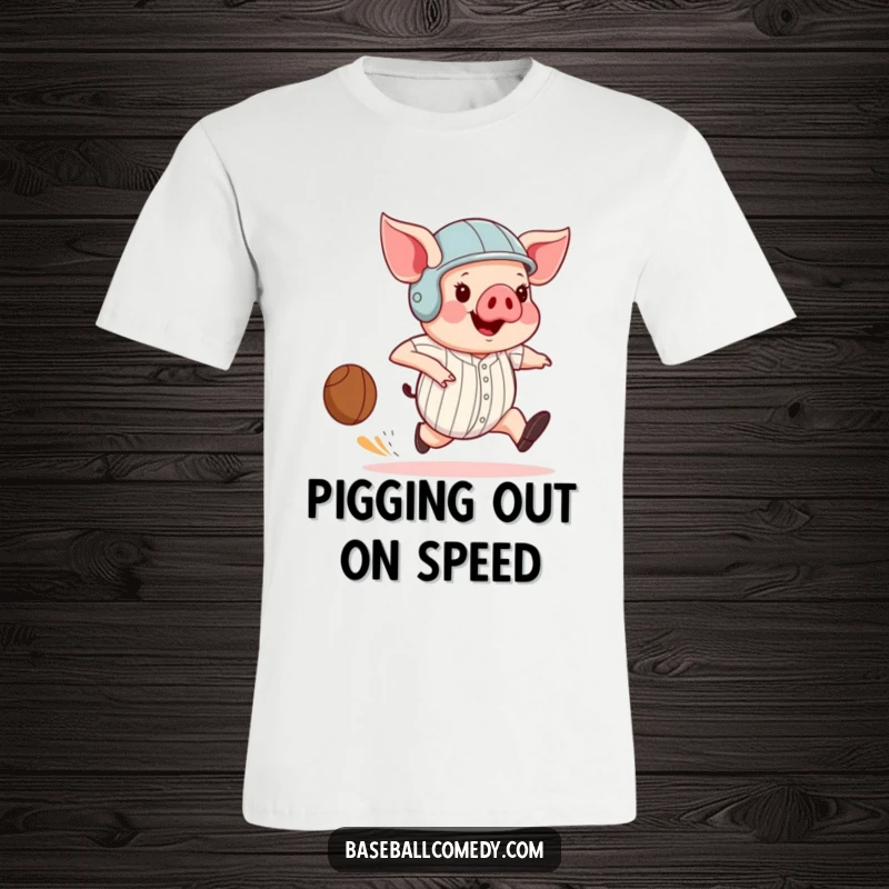 Funny pig wearing a helmet, comically running the bases with exaggerated strides, embodying speed and humor in a t-shirt.