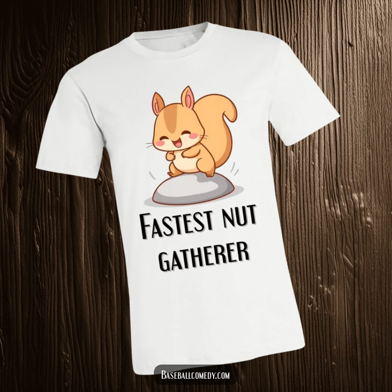 Funny squirrel t-shirt showing a happy squirrel stealing a base with tiny legs pumping fast, embodying quick action.