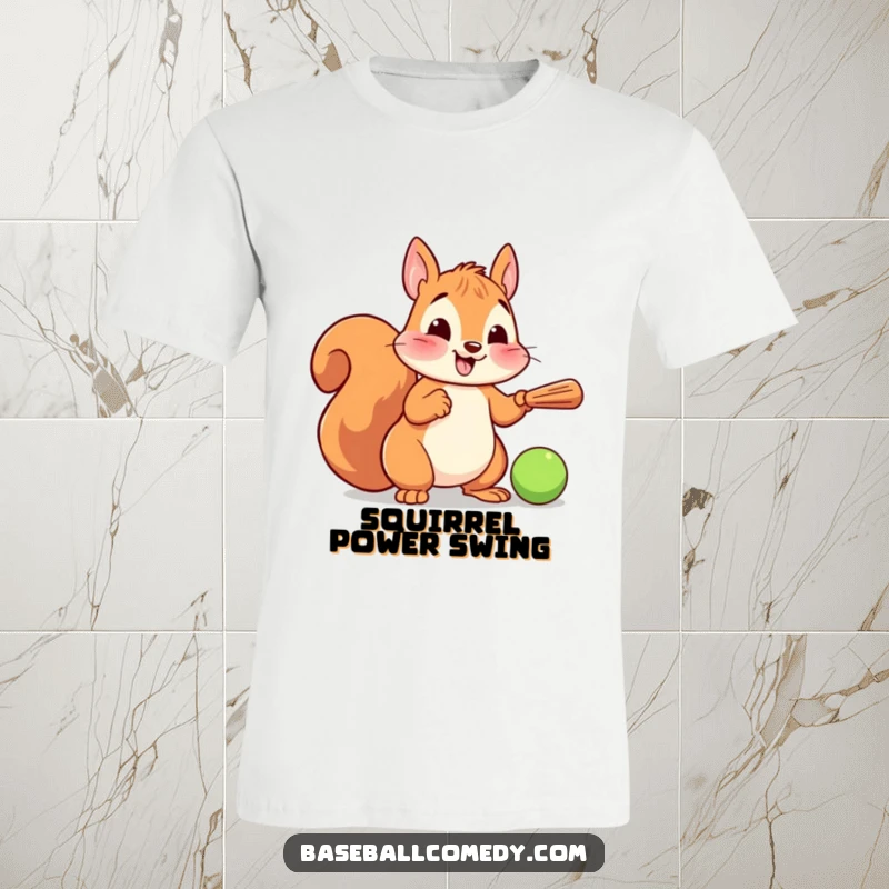 Funny T-shirt with a cheerful cartoon squirrel wearing a baseball cap, swinging a tiny bat at a ball, full of playful energy.
