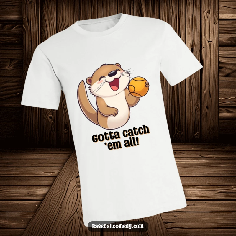 Funny t-shirt depicting a joyful otter enthusiastically catching a foul ball in a baseball game, full of energy.