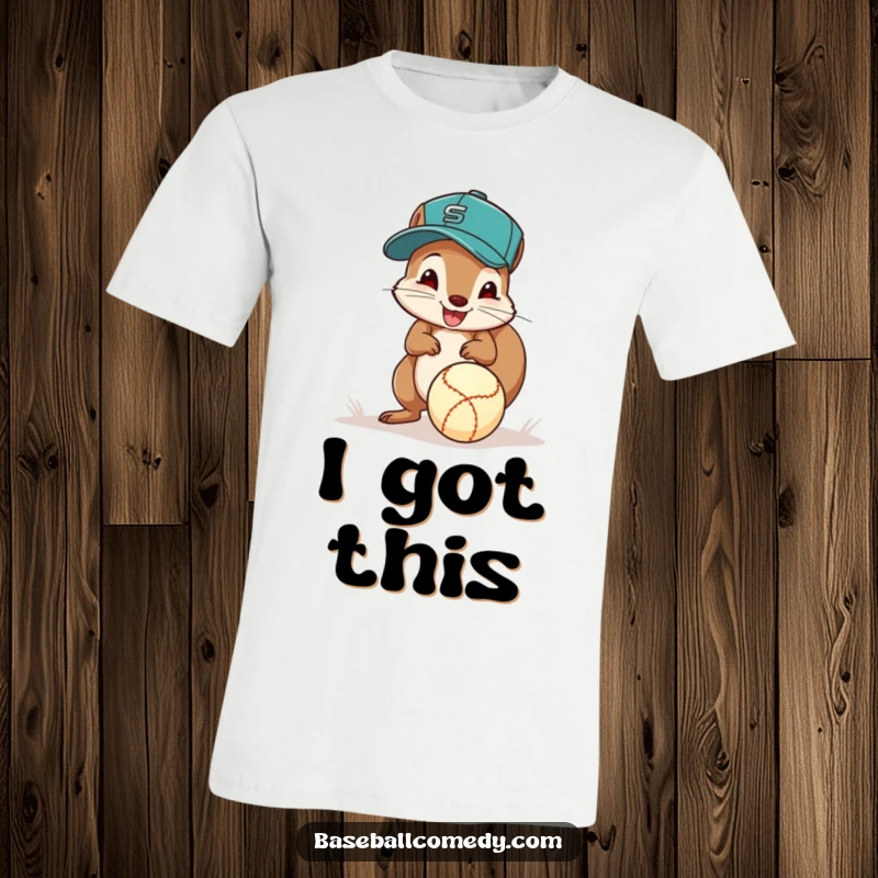 Funny squirrel baseball t-shirt, a squirrel in a cap excitedly fields a ground ball with its paws, demonstrating agility and fun.