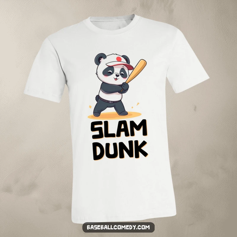 Funny t-shirt featuring a jubilant panda connecting with a baseball for a grand slam, full of playful power.