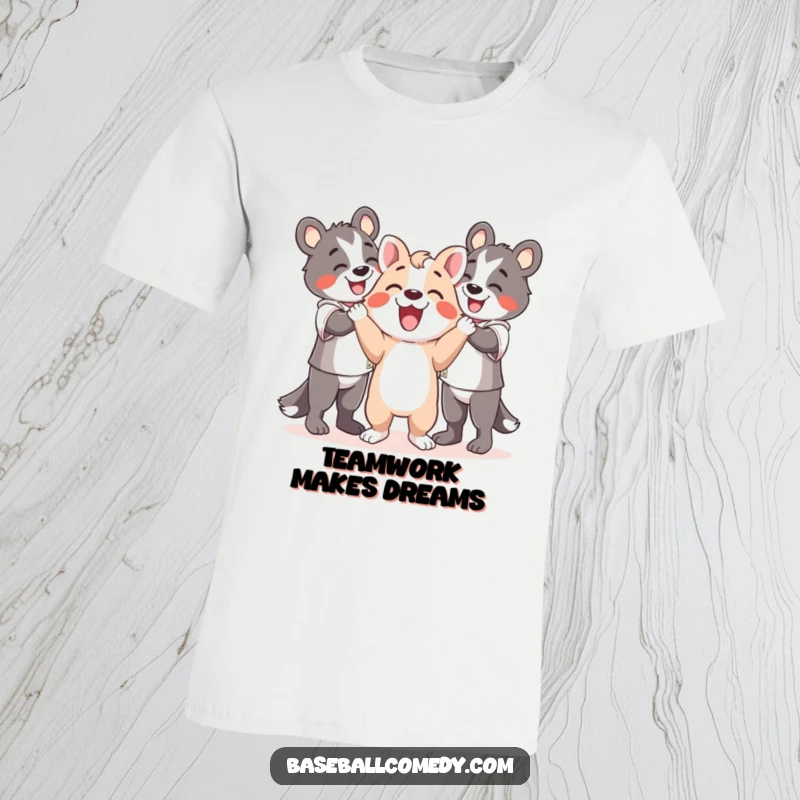 Funny t-shirt with a happy animal cheering with teammates after a play, embodying friendship and shared success.