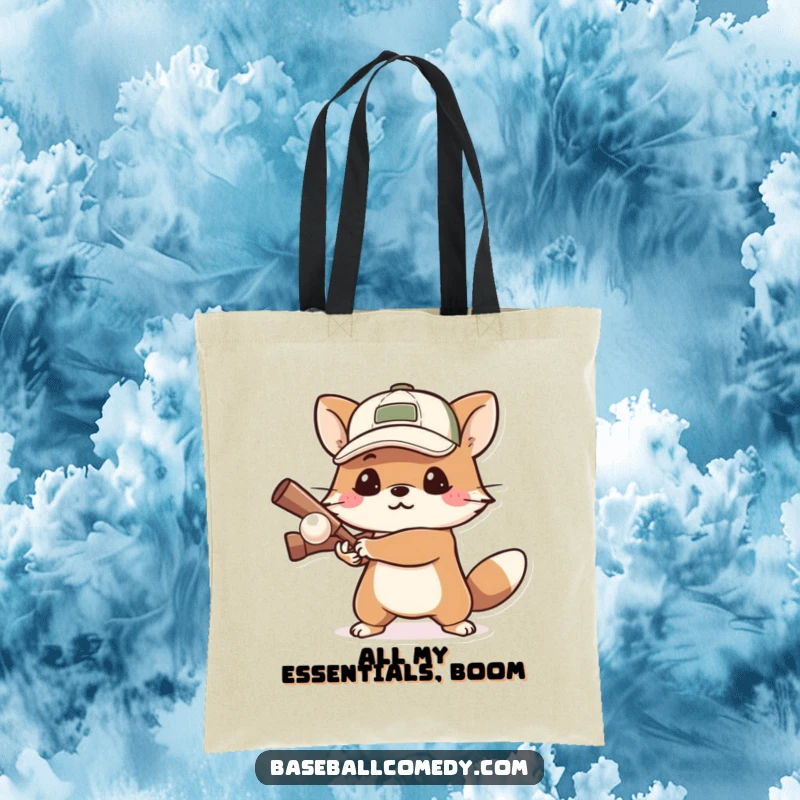 Funny tote bag showing a determined animal wearing a cap, focused on batting a small ball, ready for the pitch.