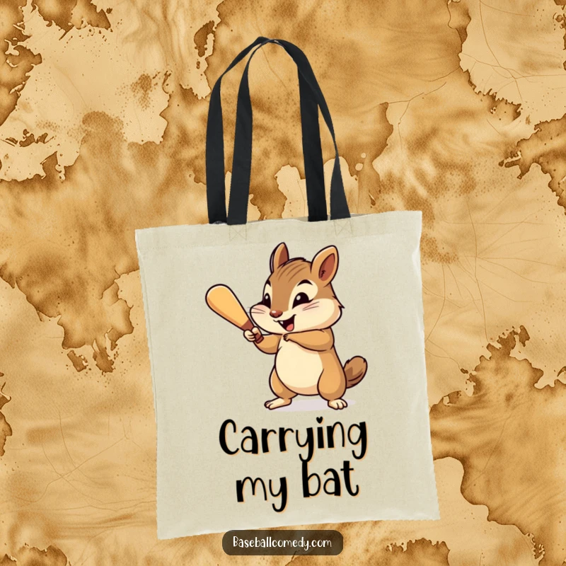 Funny chipmunk tote bag, cheerfully swinging a tiny baseball bat with gusto, perfect for carrying baseball gear.