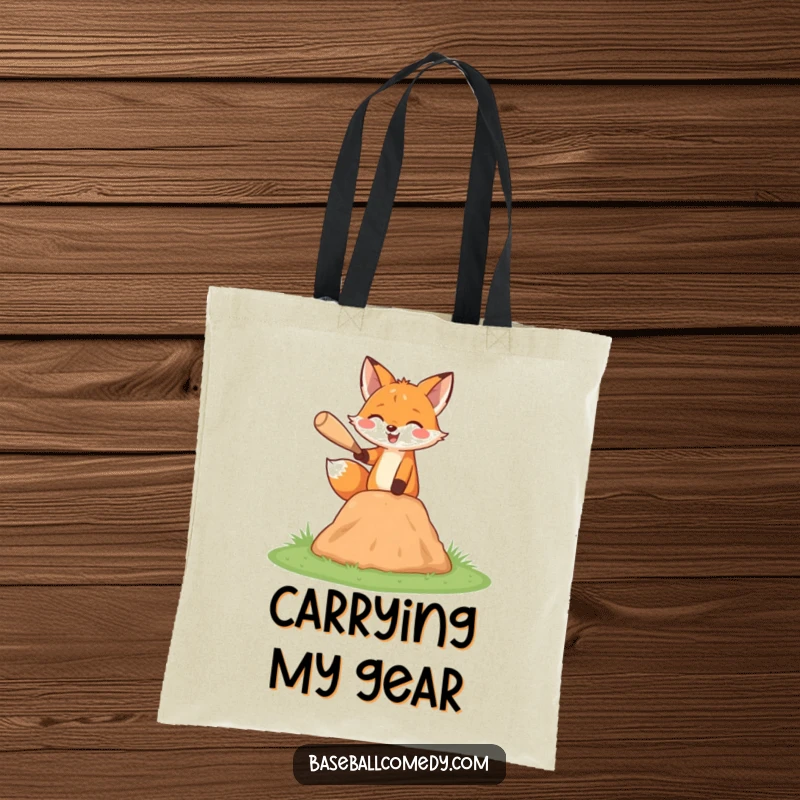 Funny fox tote bag, happily pitching a baseball from a miniature mound, perfect for carrying gear.