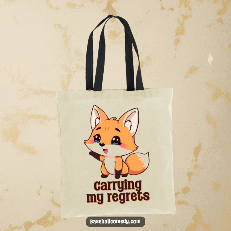 Funny tote bag featuring a silly fox comically striking out during a baseball game, a humorous and practical accessory.