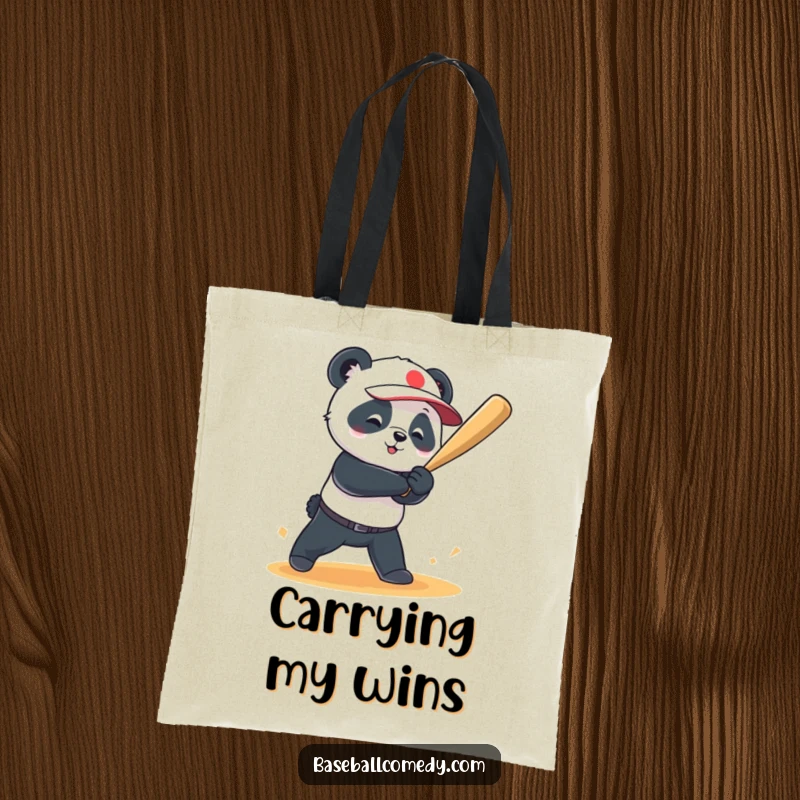 Funny tote bag featuring a playful panda hitting a baseball for a grand slam, embodying athletic achievement and humor.