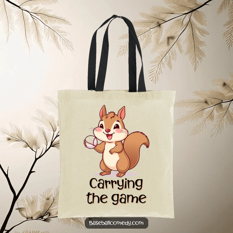 Funny tote bag designed with a cheerful squirrel throwing a baseball, great for carrying essentials with humor.
