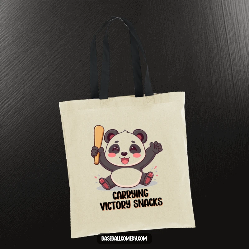 Funny tote bag with a playful panda sliding into home plate with a triumphant smile, ready for baseball season.