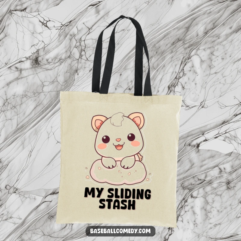 Funny Tote Bag: Smiling animal sliding into a baseball base, with a dusty puff, showing excitement and athletic flair.