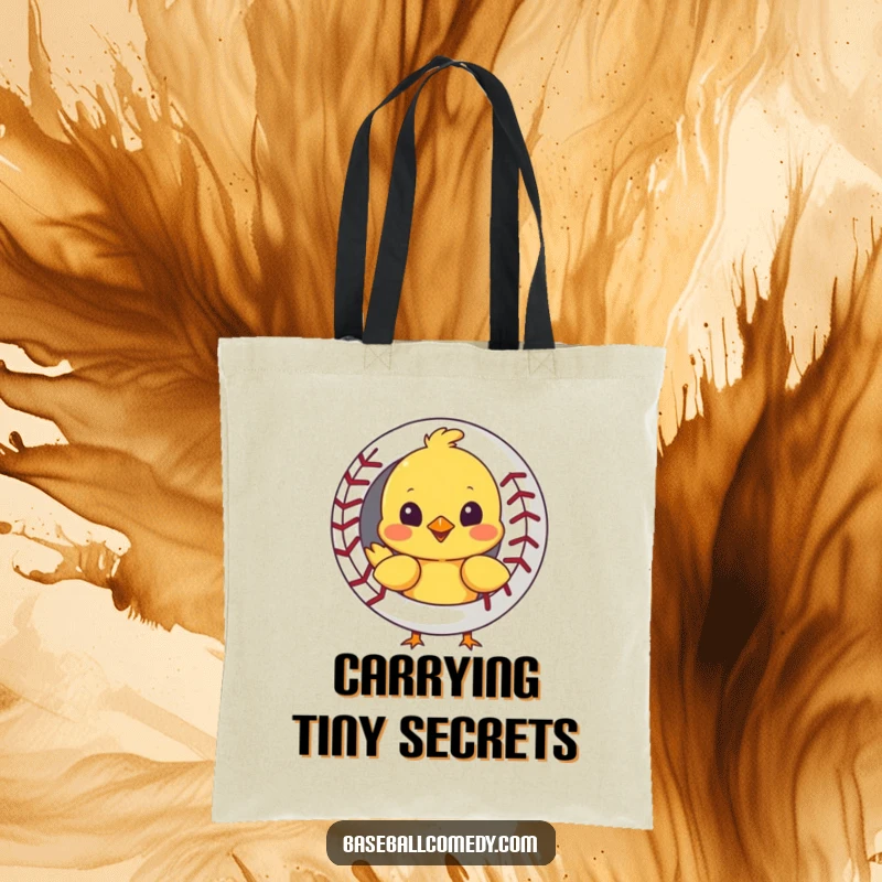 Funny tote bag featuring a curious chick peeking out from behind a baseball, perfect for carrying daily items with style.