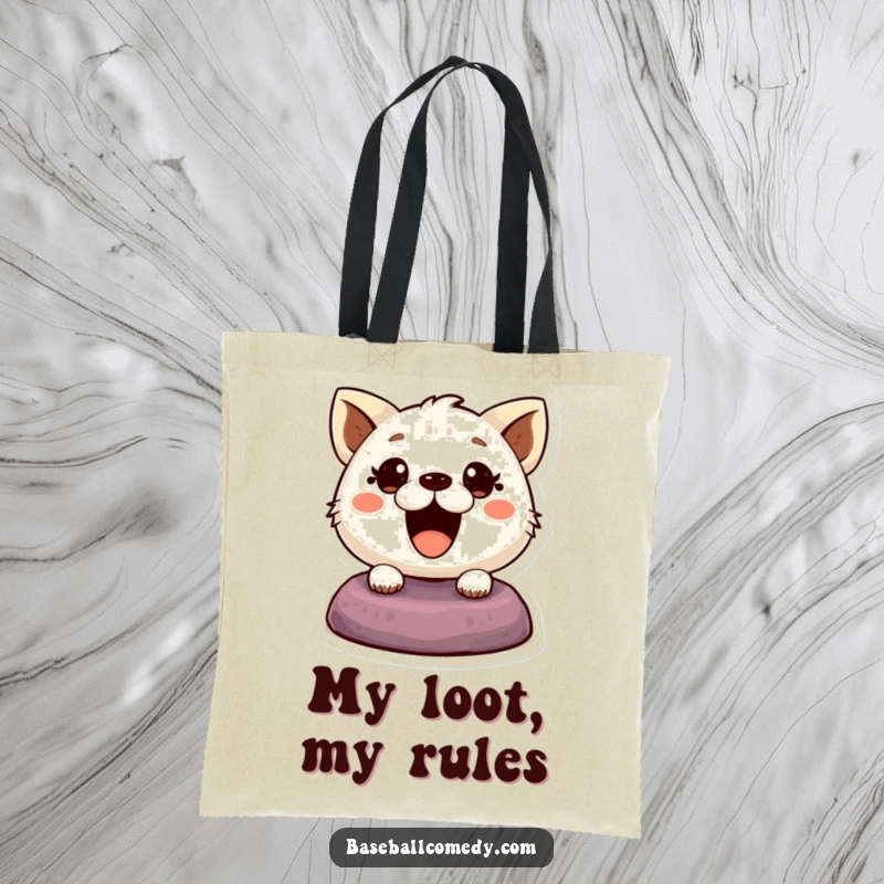 Funny tote bag illustrating a cute animal, eyes wide, comically stealing a base, ideal for carrying baseball gear.