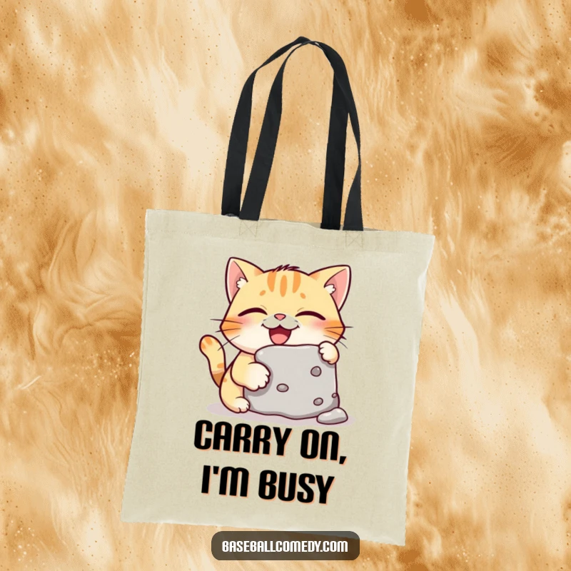 Funny tote bag with a giggling cat heroically stealing a baseball base, perfect for everyday humor and sports fans.