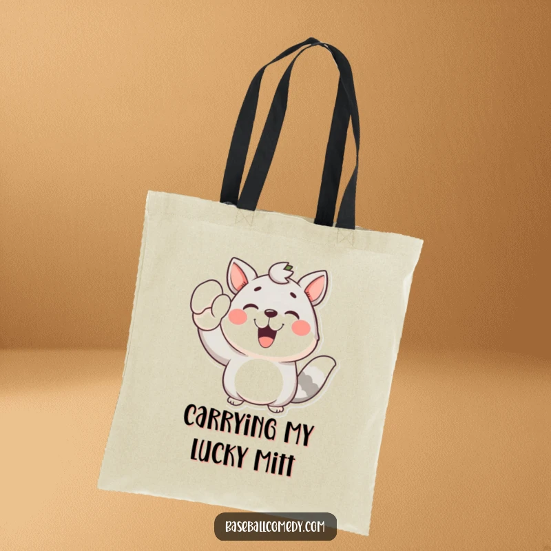Funny tote bag with a joyful animal exclaiming victory with a raised mitt, a perfect accessory for baseball lovers.