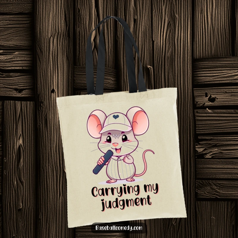 Funny mouse tote bag featuring a silly rodent in a tiny umpire cap, making a baseball call with authority.