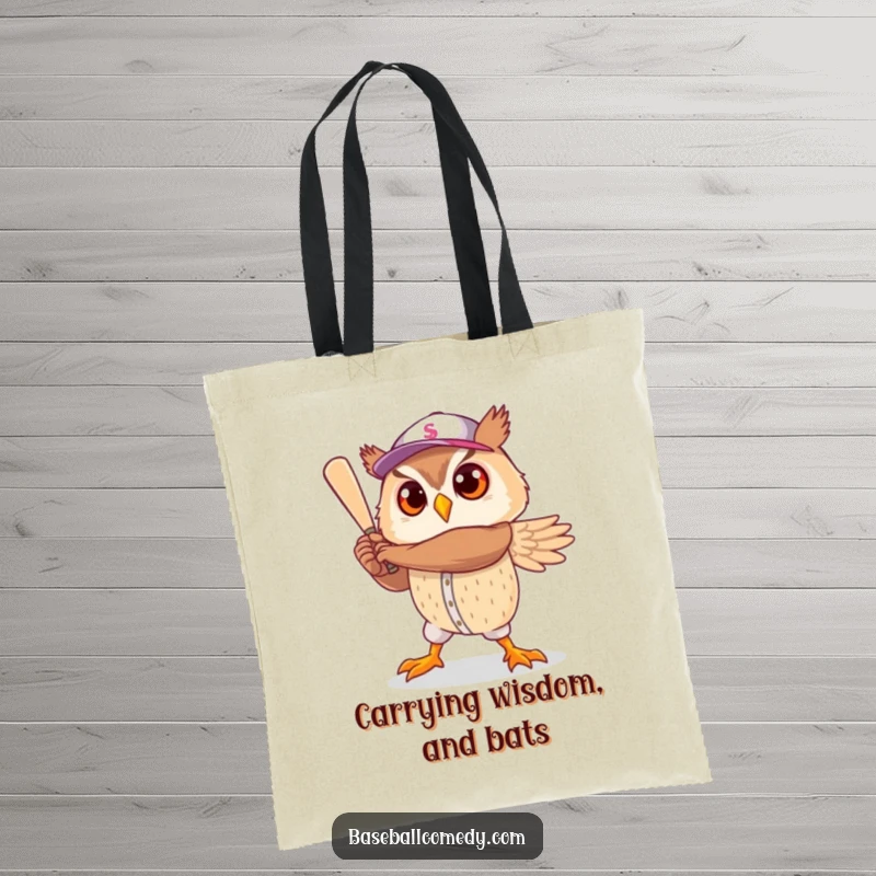 Funny tote bag: A cute owl strikes a heroic baseball player pose, exuding courage and a love for the game.