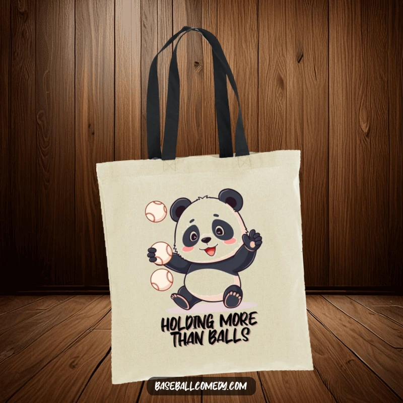 Funny panda clumsily juggling baseballs, looking determined yet overwhelmed, on a durable tote bag, humorous accessory.