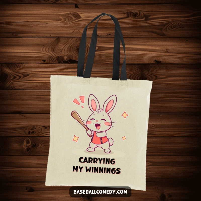 Funny rabbit tote bag featuring an excited bunny hitting a home run and cheering, perfect for sports enthusiasts.