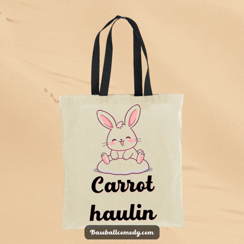 Funny rabbit tote bag showing a cheerful rabbit sliding into a base, great for carrying items with a touch of athletic humor.