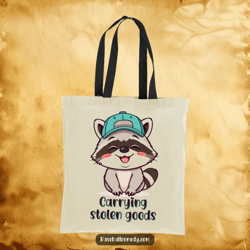 Funny tote bag with a giggling raccoon wearing a baseball cap backwards, grinning, perfect for carrying items stylishly.