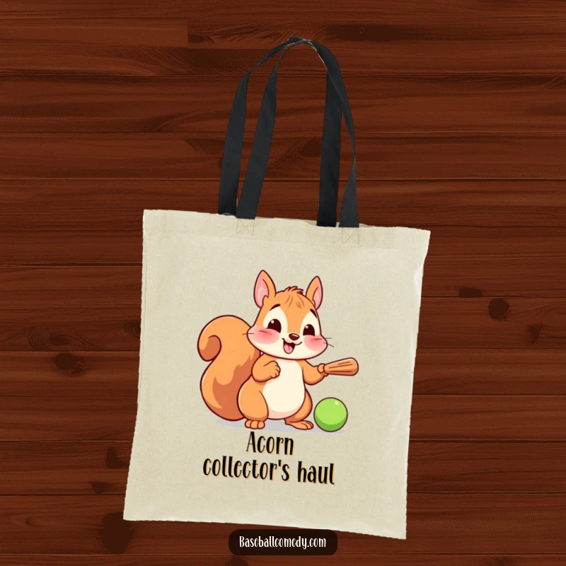 Funny tote bag displaying a cheerful cartoon squirrel with a tiny baseball bat, enthusiastically playing the sport, ready for adventure.
