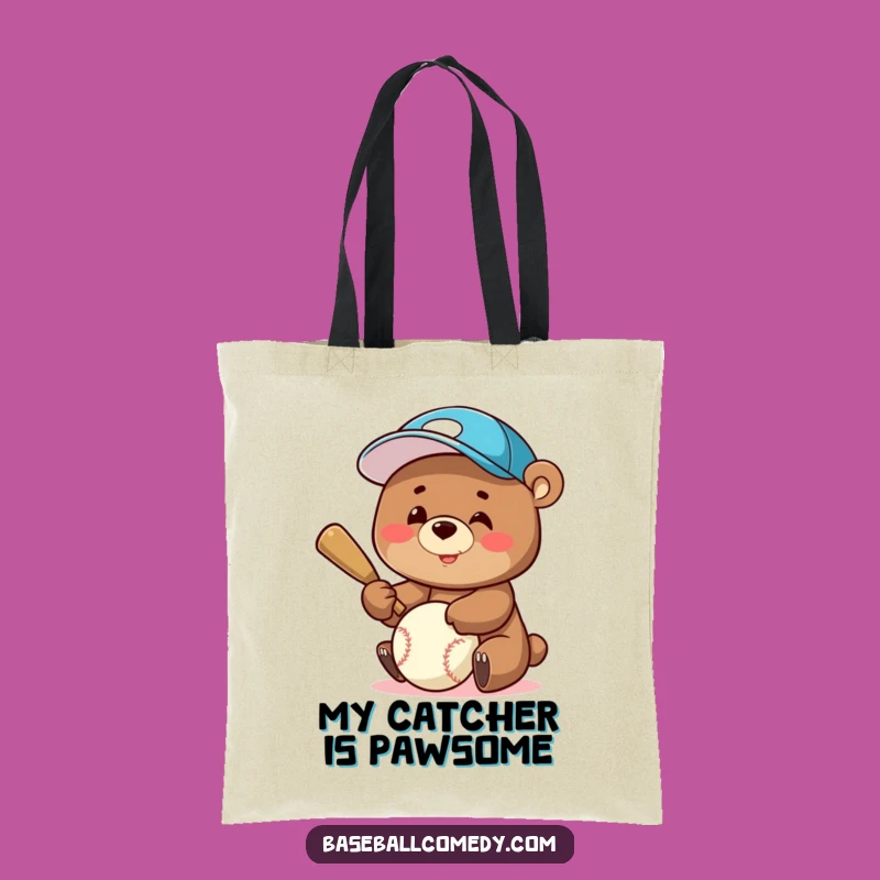Funny Bear Batter Tote Bag: Carry Your Goods with a Smiling Baseball Cap Bear - Eco-Friendly Fun!