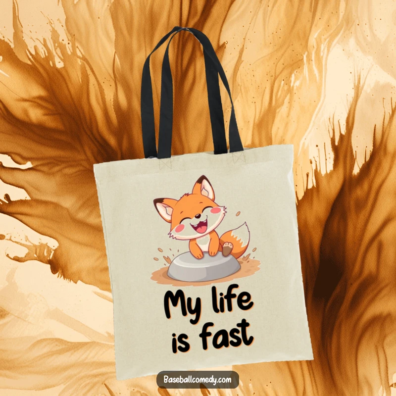 Funny fox sliding tote bag, a happy fox slides into base with dirt flying and a huge grin, perfect for shopping and gifts.