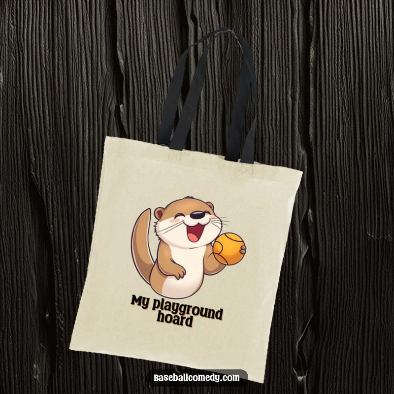 Funny tote bag featuring a joyful otter enthusiastically catching a foul ball during a baseball game, a playful accessory.