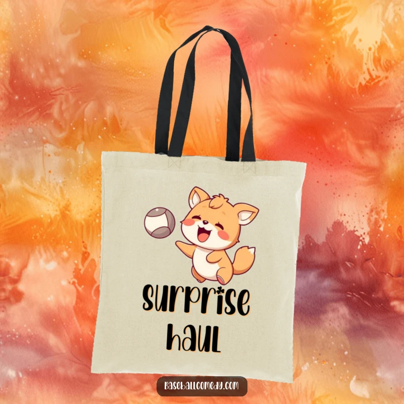 Funny Tote Bag: Happy animal with surprised eyes catching a flying ball, embodying delight and unexpected fun.